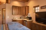 The Casita kitchenette has a fridge, microwave, coffee maker and sink